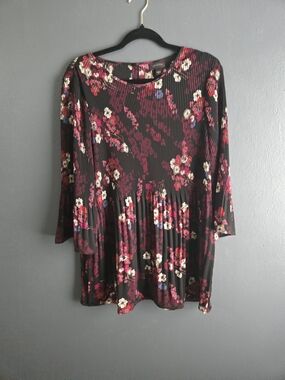 J. Jill Wearever Collection Black Floral Asian Inspired Pleated Watercolor Tunic